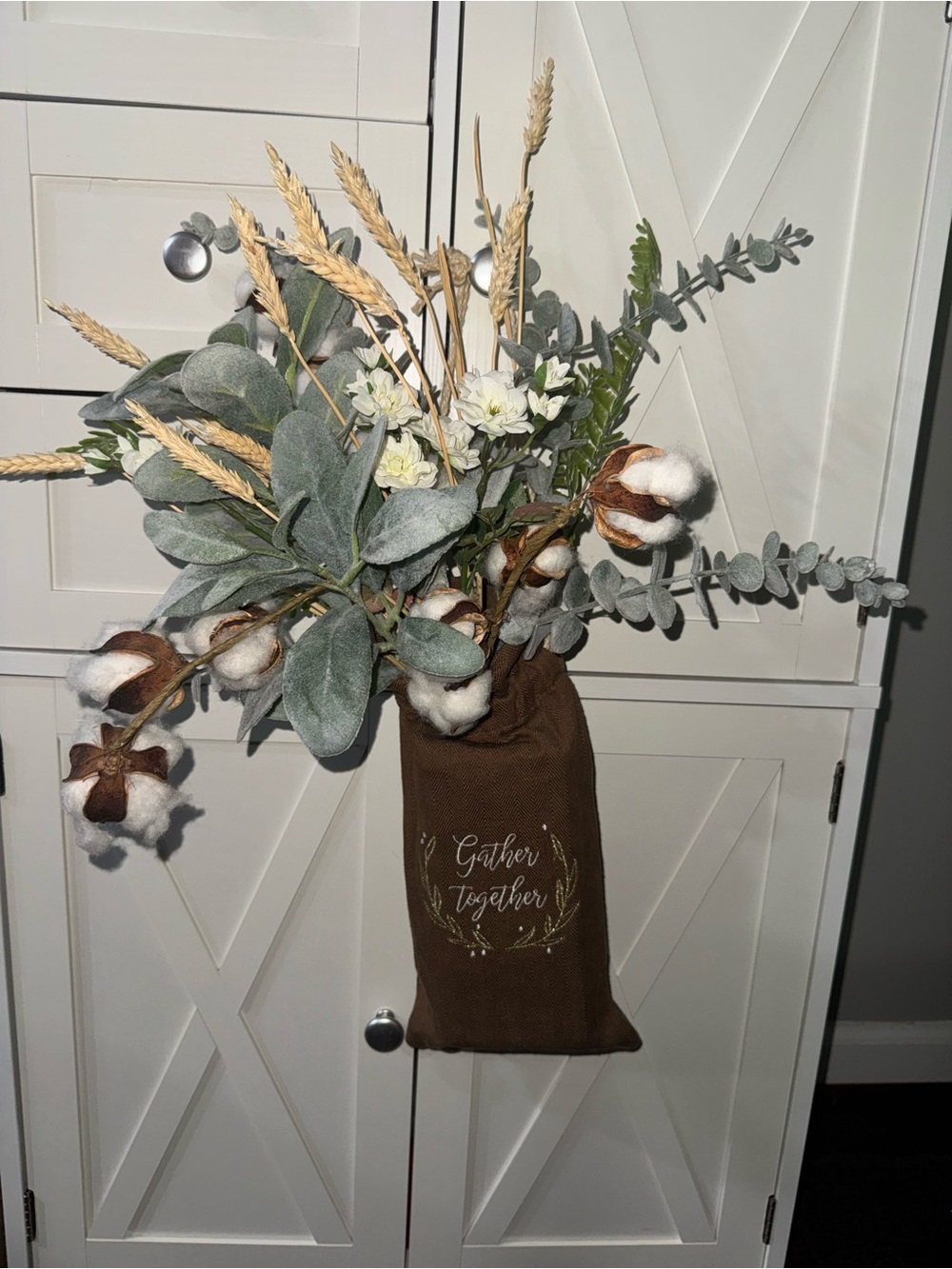 Gather Together Brown Hanging Floral Sack with Cotton & Greenery